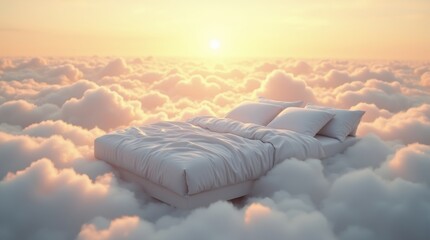Dreamy bed floating among soft clouds at sunrise with warm light and tranquil atmosphere