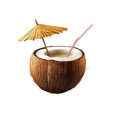 Tropical Coconut Cocktail with Straw and Paper Umbrella