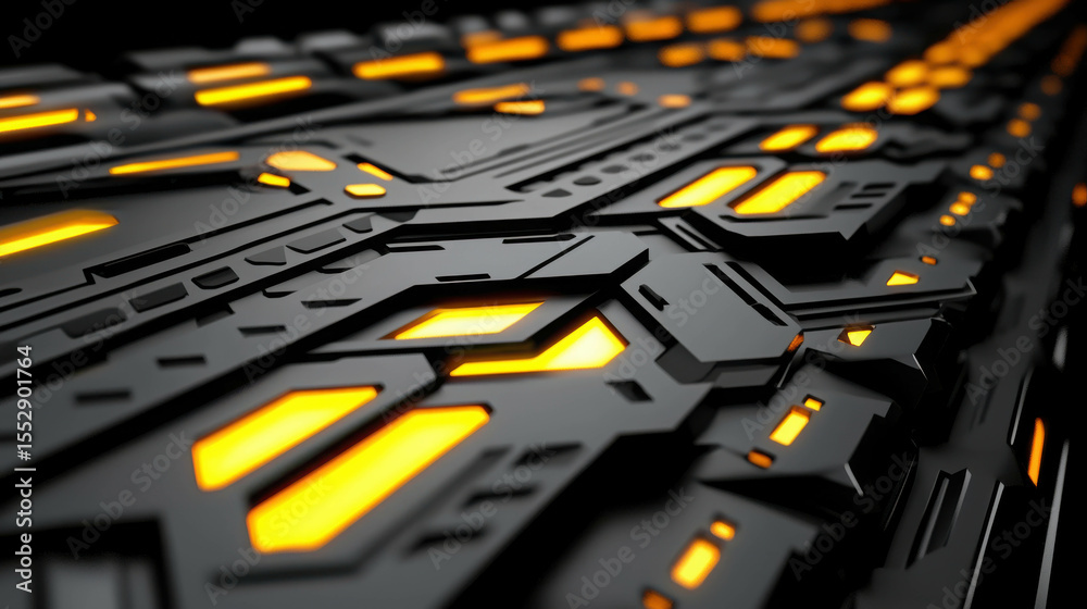 Wall mural abstract close-up of a futuristic tech surface featuring black geometric patterns and glowing yellow