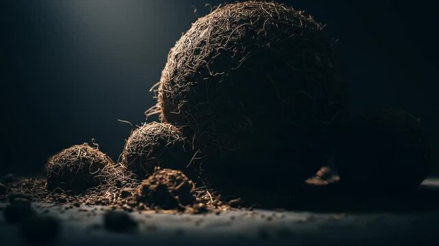 Close-up of Coir Fiber Balls on Dark Background
