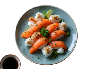 Salmon Sushi Arrangement on Teal Plate with Soy Sauce Sesame Seeds and Lime Wedge isolated on a transparent background