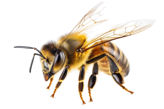 Flying bee isolated against a white background showcasing intricate details of its body and wings in a close-up view