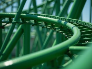 Close-up of green roller coaster tracks with sunlit metal curves