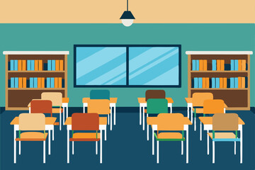 Classroom Learning Environment  Desks, Bookshelves, and a Bright Space for Education