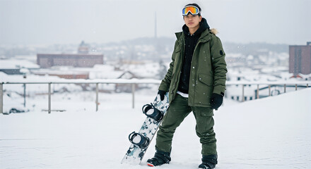 Young adult Asian male snowboarder in snowy urban setting with camouflage snowboard and green winter gear