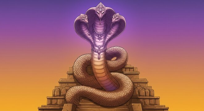 Illustration of snake god (Nag Devta) rising from the base of a stone temple, gradient background from turmeric to purple
