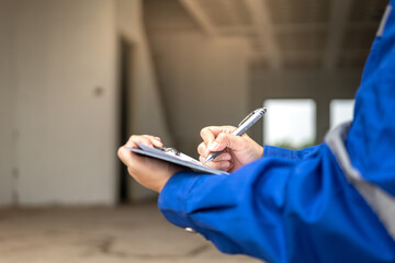 A construction foreman is checking on building quality checklist report during inspecting at the...