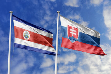 Costa Rica and Slovakia National Flags Waving Harmoniously Under a Clear Blue Sky, Symbolizing Diplomatic Bonds and Global Unity.