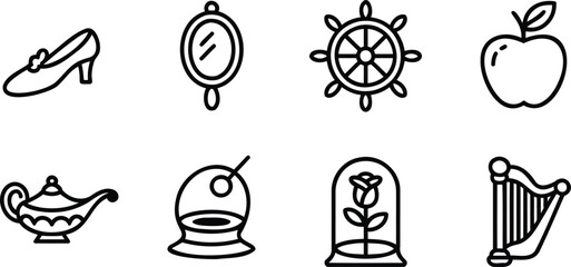 Set of Fairytale Icons Including Shoe, Mirror, Apple, and Magic Lamp for Fantasy Themes