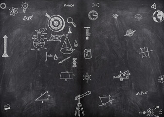 scientific background with math, astronomy and chemical formulas chalk doodles