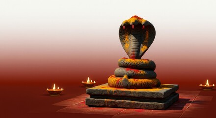 The snake statue is placed on a stone altar with turmeric and crimson markings, the background gradation from ivory white to ochre red.