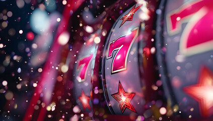 Close-up shot of a vibrant slot machine with spinning reels, featuring lucky sevens and sparkling lights, emphasizing excitement and thrill.