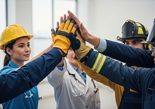 Diverse team of professionals in uniforms sharing a group high-five in office