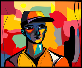 Colorful abstract background, cubism art style, figure with hat