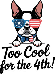 Boston terrier with patriotic sunglasses looking proud and captioned too cool for the 4th underneath  