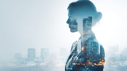 Naklejka na ściany i meble Double Exposure Image of Business Person on modern city background. Future business and communication technology concept 