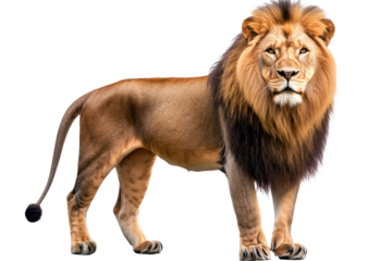 Majestic lion standing proudly on a white background showcasing its features and strength in a full body view
