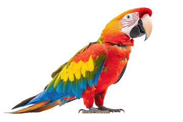 Fototapeta premium Vibrant macaw bird perched gracefully, showcasing striking plumage and inquisitive expression against a clean white background