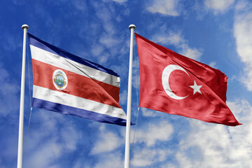 Costa Rica and Turkey National Flags Waving Proudly Against a Bright Blue Sky, Symbolizing Strong Diplomatic Ties and Friendship.
