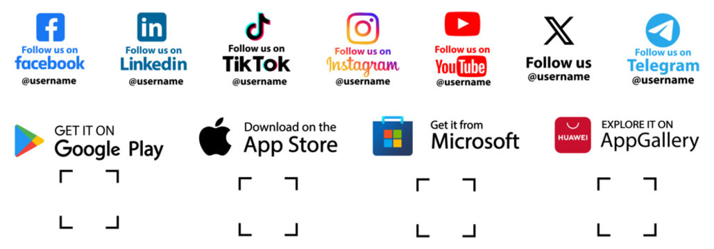 Social Media Icons,Facebook,Instagram,X Twitter ,YouTube ,LinkedIn with qr code ,follow us on social media.QR Code Scanner. Google Play,App Store ,Microsoft store .Vector Editorial
