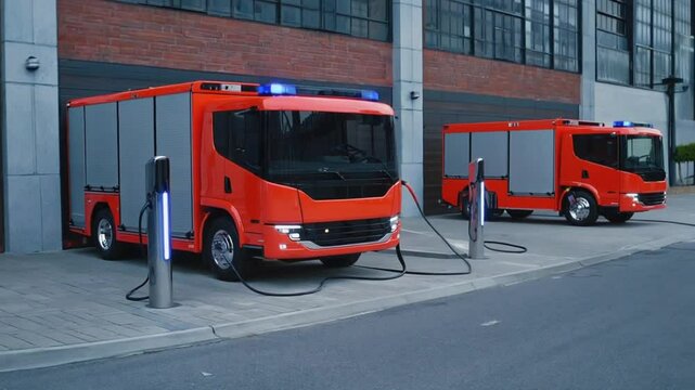 Electric fire trucks charging.