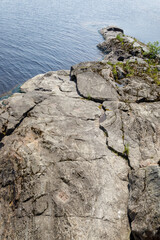 Weathered gray rock formation juts into a tranquil lake, with small plants growing in cracks under bright daylight.