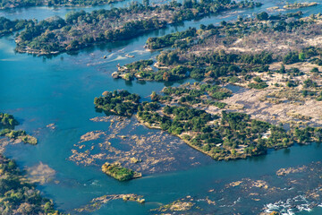 aerial view of Zambezi River near Victoria Falls National Park in Zambia