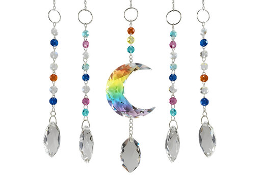Rainbow Moon Crystal Suncatcher with Beaded Strands and Feathers isolated on transparent background