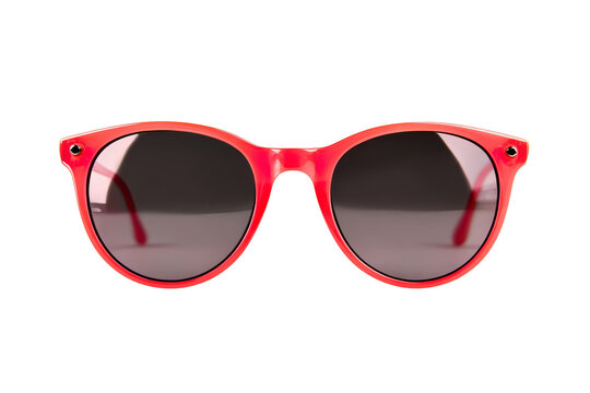 Round red sunglasses with bold glossy frame and dark lenses isolated on transparent background