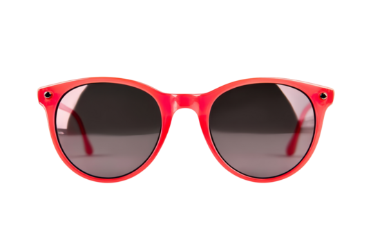 Round red sunglasses with bold glossy frame and dark lenses isolated on transparent background