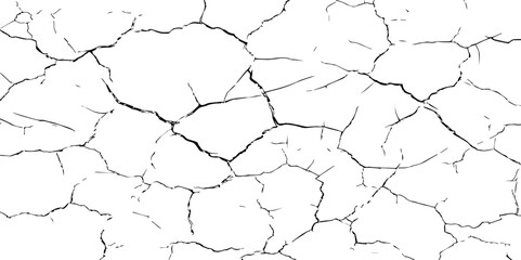 A close-up, high-contrast, black and white image of a cracked surface. The intricate network of cracks, ranging from thick, deep fissures to fine, branching lines, creates a stark and textured pattern