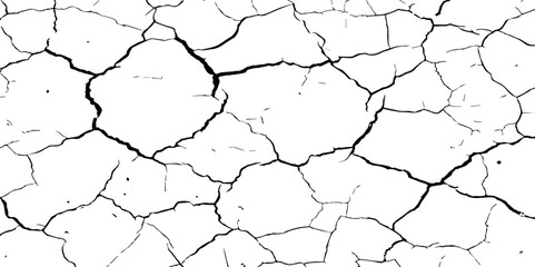 A close-up, high-contrast, black and white image of a cracked surface. The intricate network of cracks, ranging from thick, deep fissures to fine, branching lines, creates a stark and textured pattern