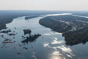 aerial view of Zambezi River near Victoria Falls National Park in Zambia