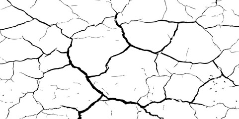 A close-up, high-contrast, black and white image of a cracked surface. The intricate network of cracks, ranging from thick, deep fissures to fine, branching lines, creates a stark and textured pattern