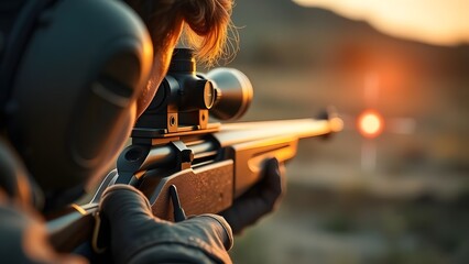 A close-up of a dramatic sunset silhouette featuring a woman aiming a high-powered rifle at a target, set against the vibrant colors of the outdoors, symbolizing focus, strength, and determination.