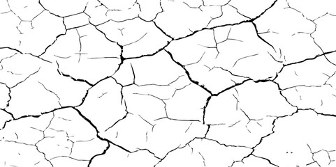 A close-up, high-contrast, black and white image of a cracked surface. The intricate network of cracks, ranging from thick, deep fissures to fine, branching lines, creates a stark and textured pattern
