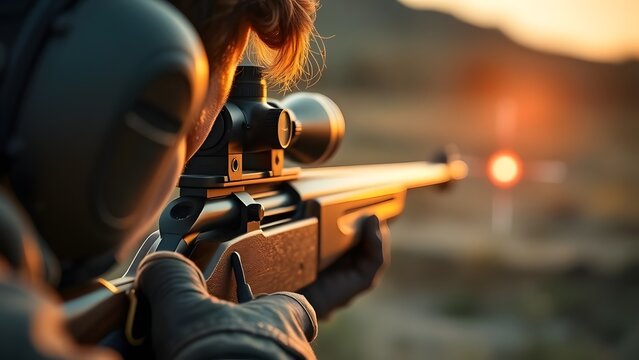 A close-up of a dramatic sunset silhouette featuring a woman aiming a high-powered rifle at a target, set against the vibrant colors of the outdoors, symbolizing focus, strength, and determination.