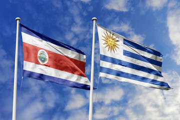 Flags of Costa Rica and Uruguay Waving Harmoniously Under a Clear Blue Sky, Symbolizing South American and Central American Ties.