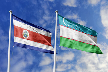 Flags of Costa Rica and Uzbekistan Waving Harmoniously Under a Clear Blue Sky, Symbolizing Diplomatic Relations and Central Asian Connections.