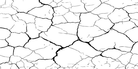 A close-up, high-contrast, black and white image of a cracked surface. The intricate network of cracks, ranging from thick, deep fissures to fine, branching lines, creates a stark and textured pattern