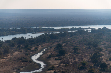 aerial view of Zambezi River near Victoria Falls National Park in Zambia