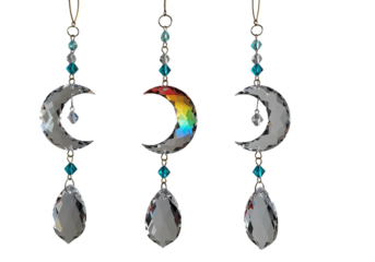 Set of Three Crescent Moon Wind Chimes with Teal Beads and Feather Charms isolated on transparent background