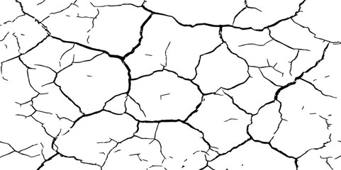 A close-up, high-contrast, black and white image of a cracked surface. The intricate network of cracks, ranging from thick, deep fissures to fine, branching lines, creates a stark and textured pattern