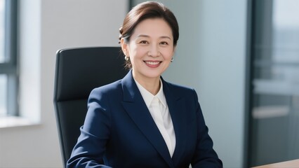 A smiling middle-aged Asian female business owner.	