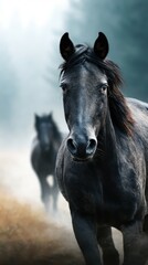 Obraz premium Majestic black horses galloping through misty forest at dawn, creating an enchanting atmosphere