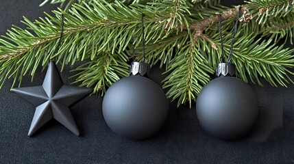 Elegant Black Christmas Ornaments with Star and Pine