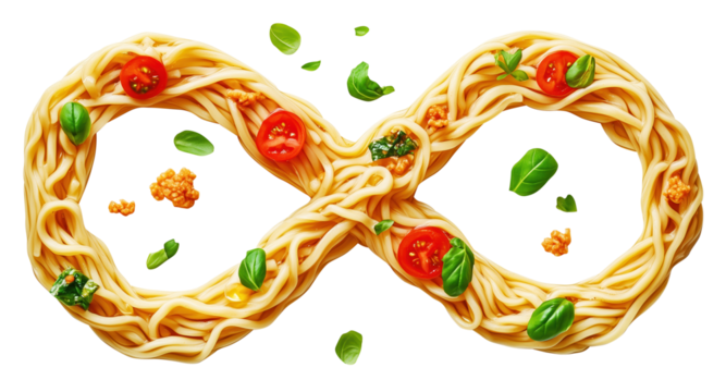 Udon noodles form infinity symbol with vibrant toppings like tomatoes and basil, creating playful and appetizing design., isolated