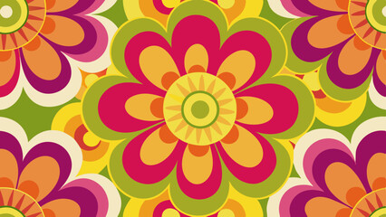 Groovy floral background with colorful blossoms evokes a retro aesthetic, perfect for adding a vibrant, vintage-inspired flair to designs.