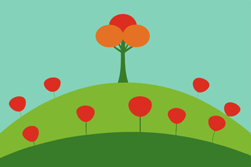 Abstract Hilltop Landscape Simple Tree and Red Flower Design