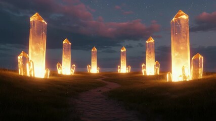 Illuminated crystal pillars stand tall in a grassy field at twilight - Powered by Adobe